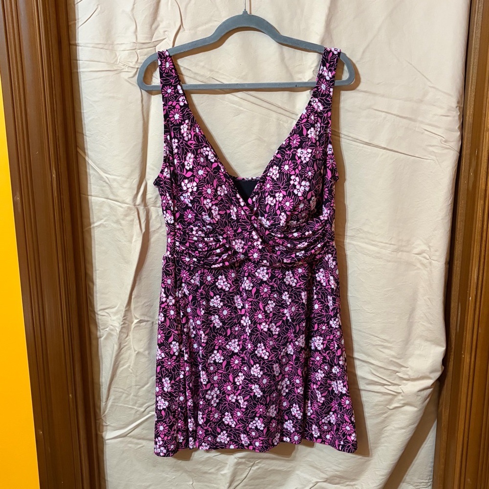 Catalina Pink & Black Floral V-Neck Swim Dress